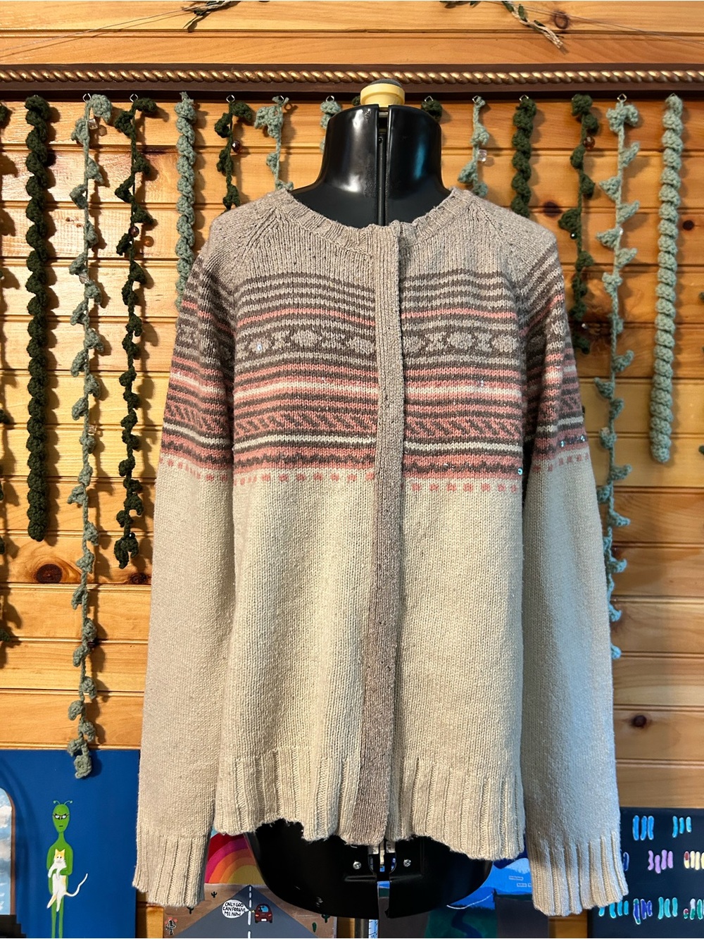 Vintage Neutral & Pink Patterned Women’s Sweater Cardigan